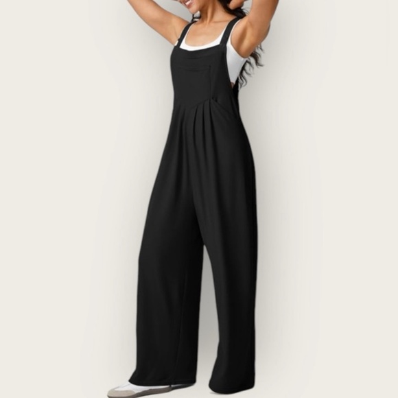 Halara Waffle Jumpsuit Adj Button Straps Multiple Pockets Black - Picture 3 of 13